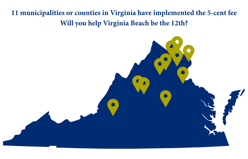 Map of Virginia highlighting the municipalities that have implemented the 5 cent fee
